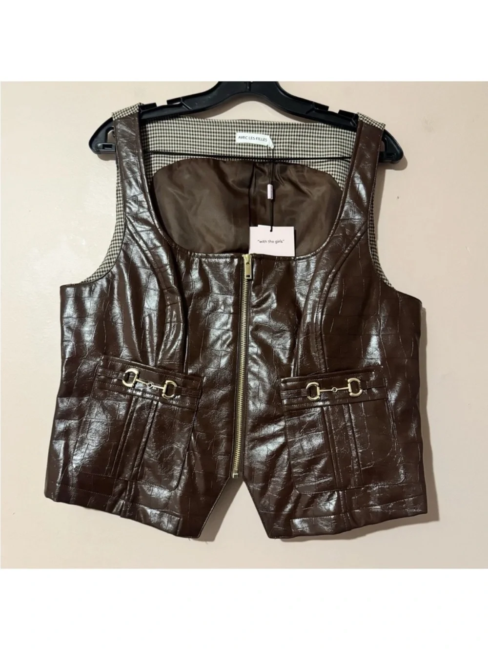 Avec Les Filles Brown Chocolate Faux Leather Buckle Detail Maxi Skirt / Vest Set
